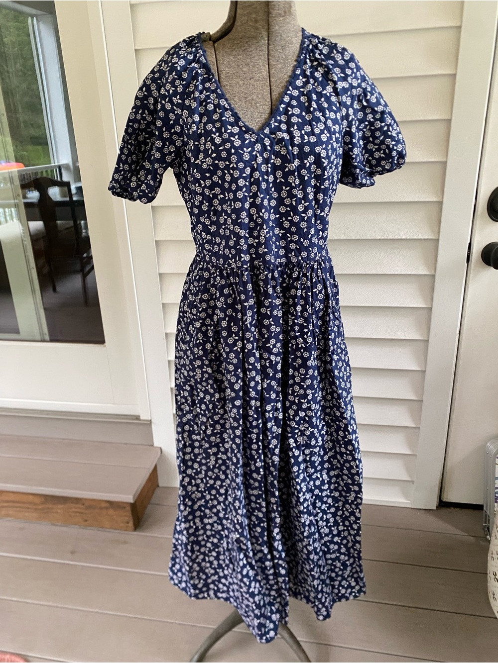 J. Crew Navy Floral V-Neck Midi Dress with Puff Sleeves